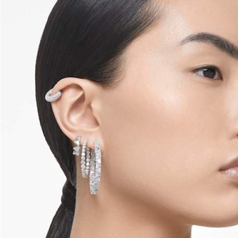 Swavorski Matrix Hoop Earrings White Rhodium Plated Diamond Mini Small Hoop Tiny - Picture 5 of 15